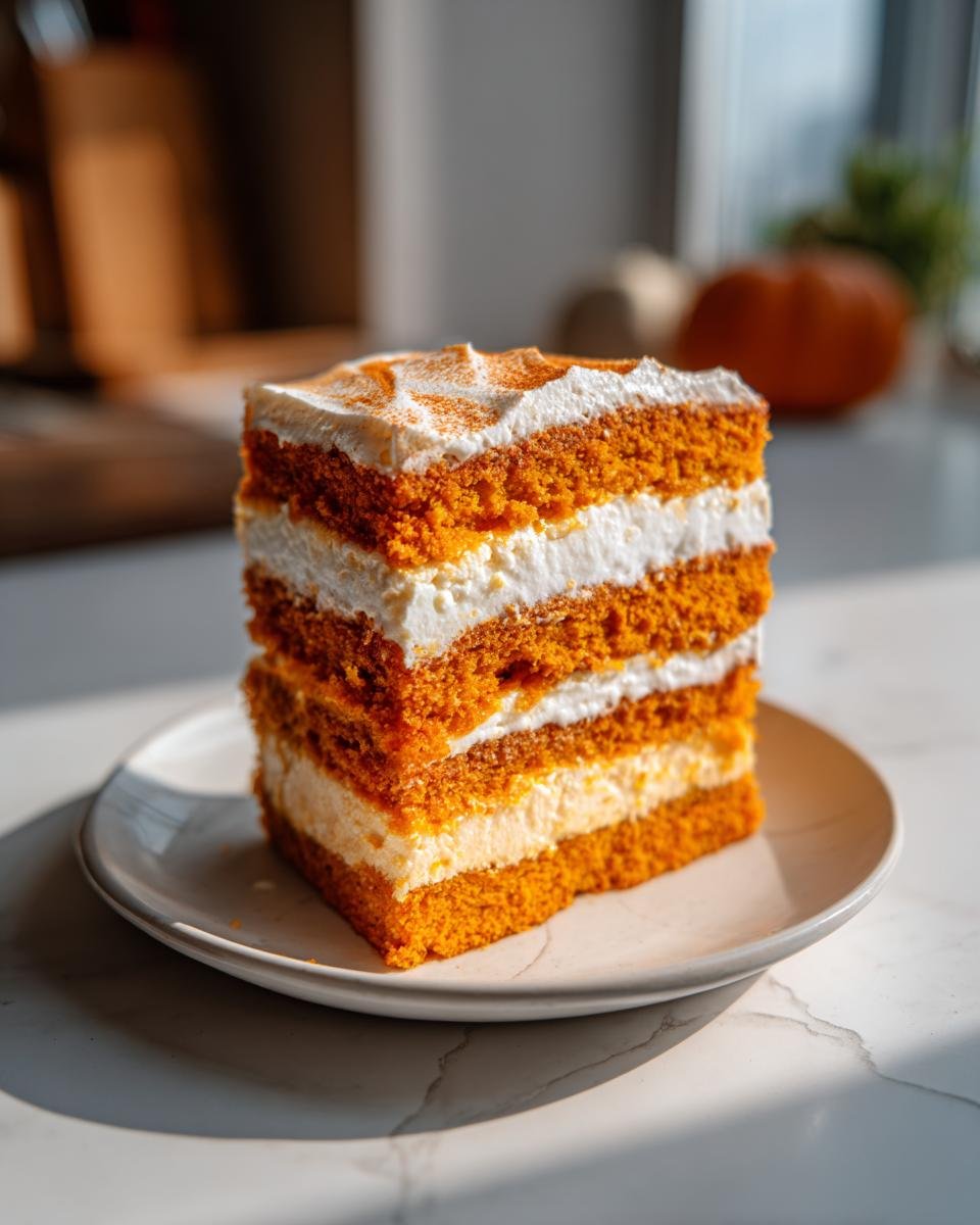 A tall slice of Festive Triple Layer Thanksgiving Dessert featuring three orange cake layers and white cream filling.
