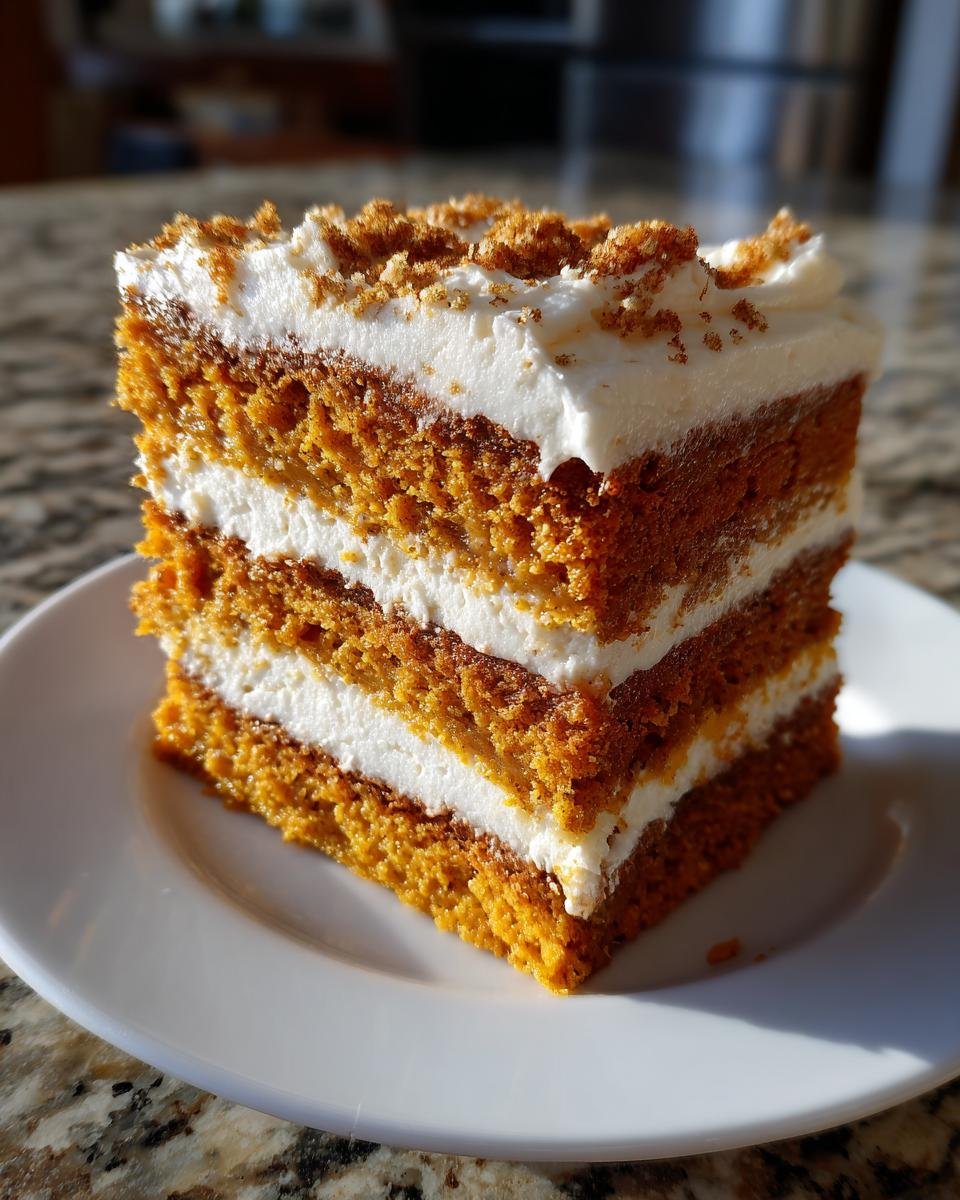 Close-up of a slice of Festive Triple Layer Thanksgiving Dessert with three orange cake layers and white frosting.