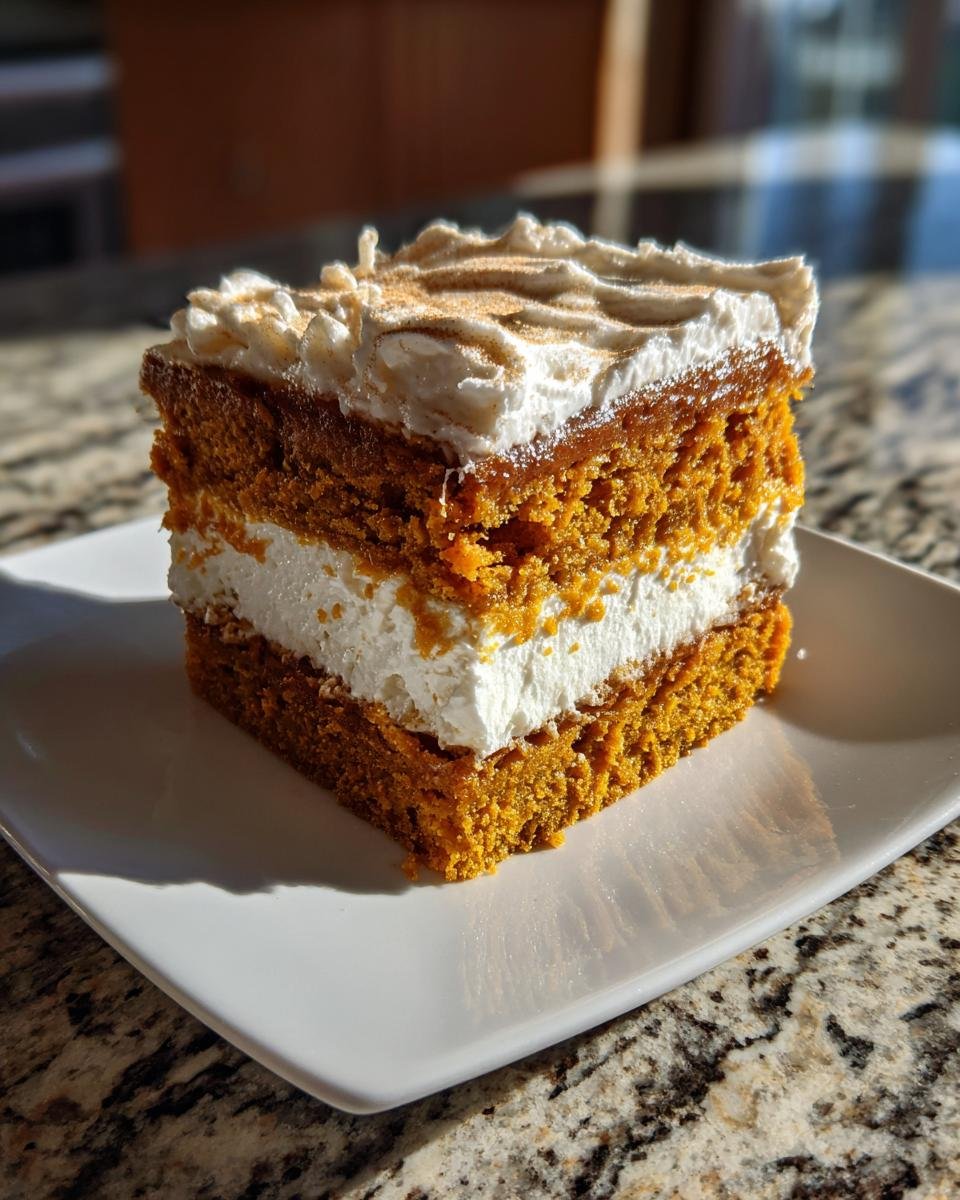 A square slice of Festive Triple Layer Thanksgiving Dessert featuring pumpkin cake, cream filling, and whipped topping.