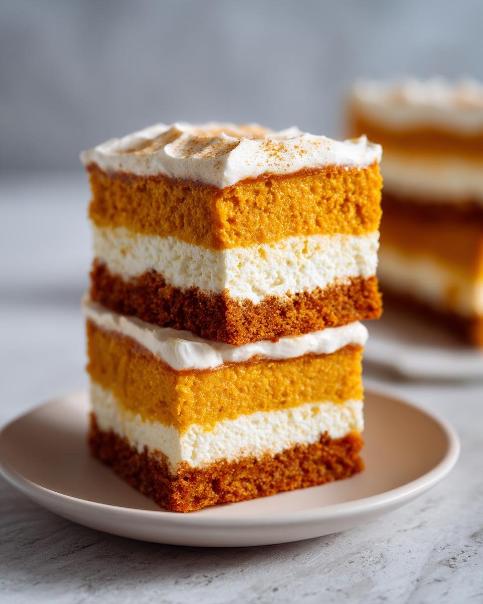 Two stacked squares of Festive Triple Layer Thanksgiving Dessert with orange and white layers and cream topping.