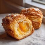 Close-up of a flaky peach filled cruffin cut in half, showing the layered pastry and bright orange peach filling.