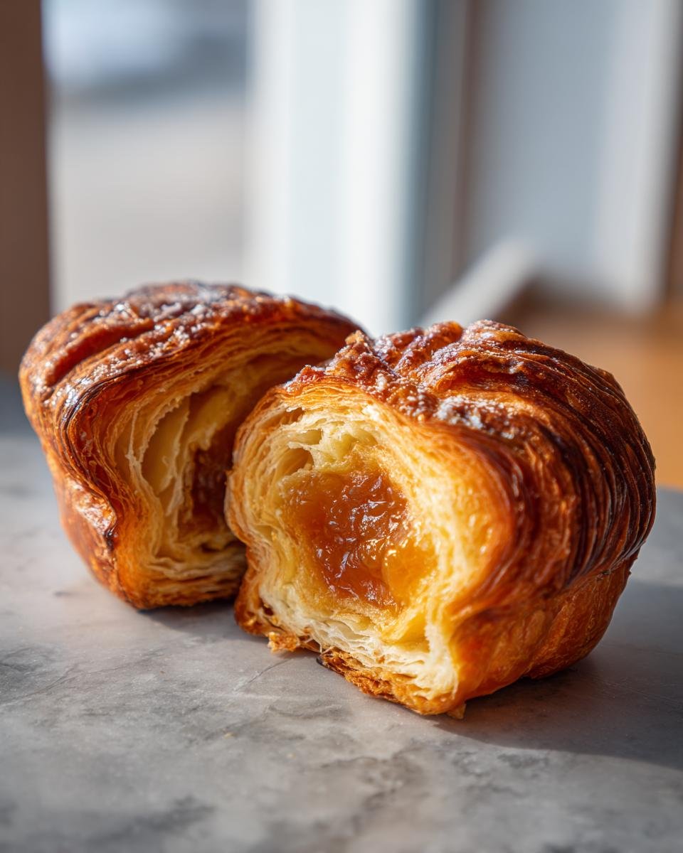 Close-up of flaky peach filled cruffins cut open, revealing golden layers and jammy peach filling.