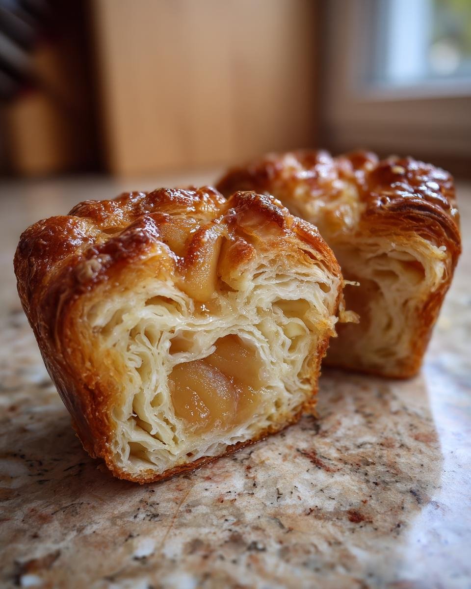 Close-up of a flaky peach filled cruffin cut in half, showing layered pastry and warm peach filling.