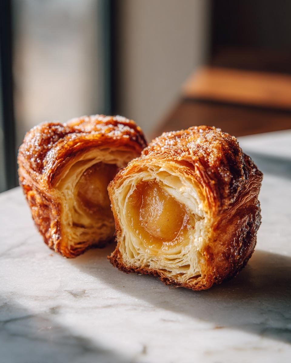 Close-up of Flaky Peach Filled Cruffins cut in half showing layers and warm peach filling.