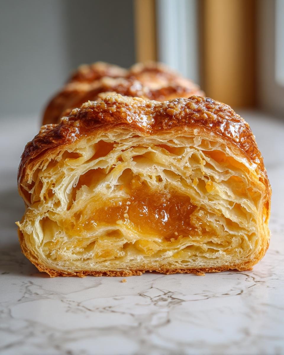 Close-up of a Flaky Peach Filled Cruffins cut in half, showing layers of pastry and orange peach filling.