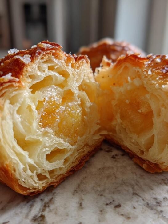 Close-up of a flaky peach filled cruffin cut in half, revealing the airy layers and sweet peach filling inside.