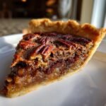 Close-up of a rich, gooey slice of Pecan Pie showing the caramelized filling and whole pecans on top.