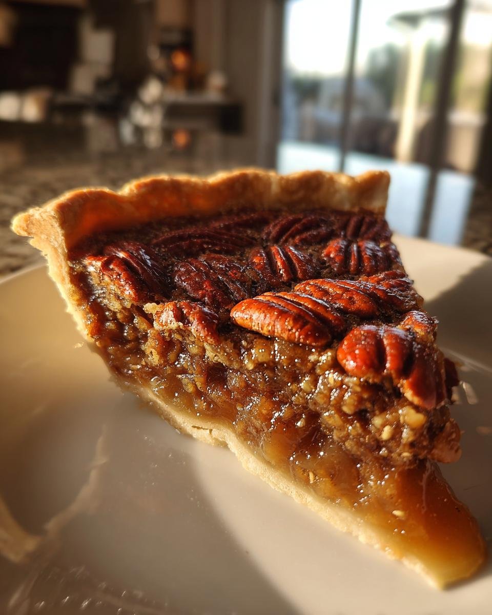 A close-up slice of rich, gooey Pecan Pie resting on a white plate, beautifully lit by sunlight.