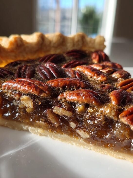 A close-up, sunlit slice of rich, gooey Pecan Pie showing the whole pecan topping and flaky crust.