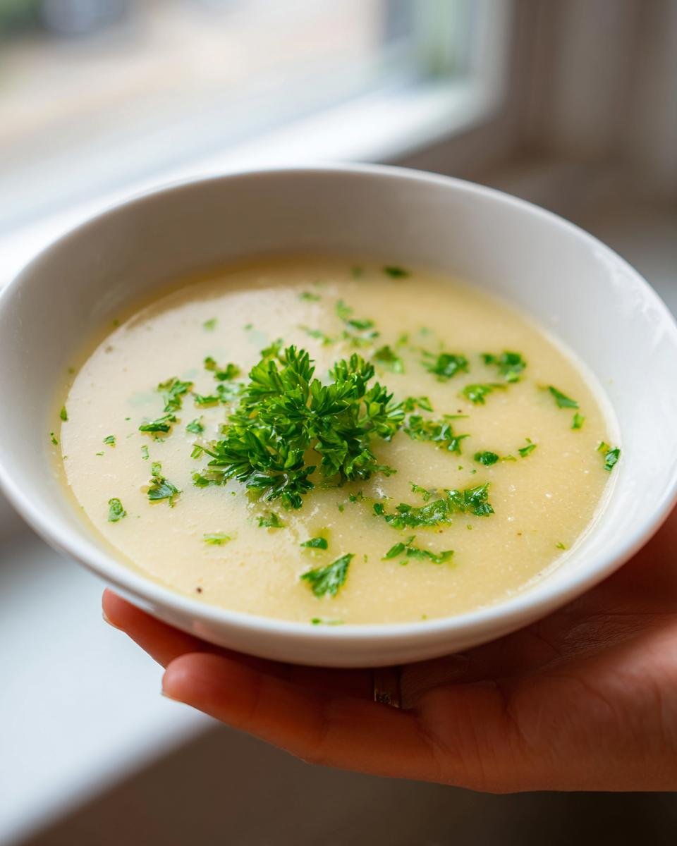 A close-up of a white bowl filled with creamy French Garlic Soup, garnished generously with fresh chopped parsley.