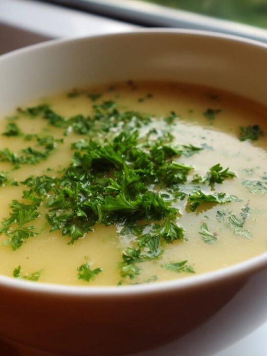 Close-up of a bowl of creamy French Garlic Soup, topped generously with fresh chopped parsley.