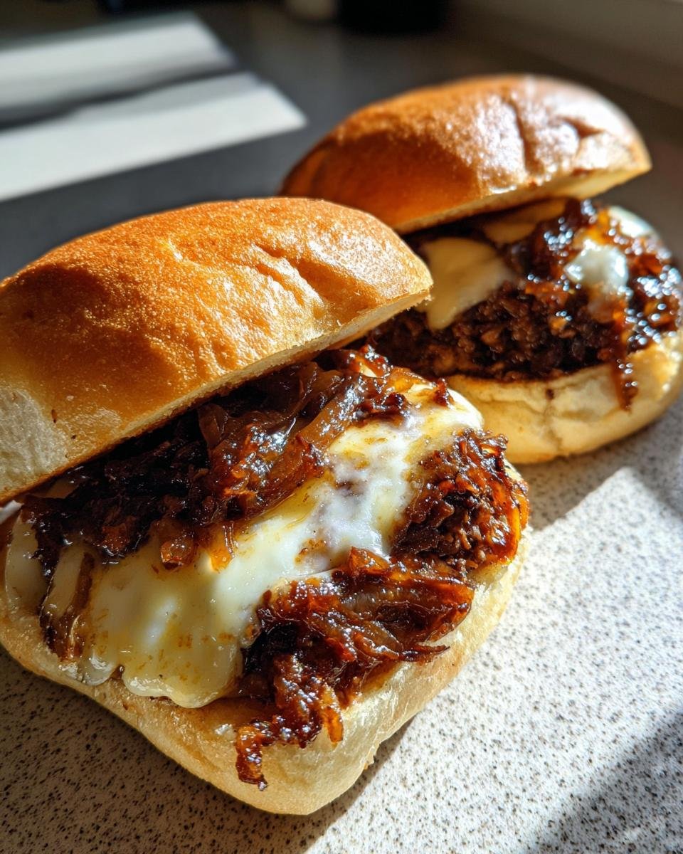 Two French Onion Beef Sloppy sandwiches topped with melted white cheese and caramelized onions on toasted buns.
