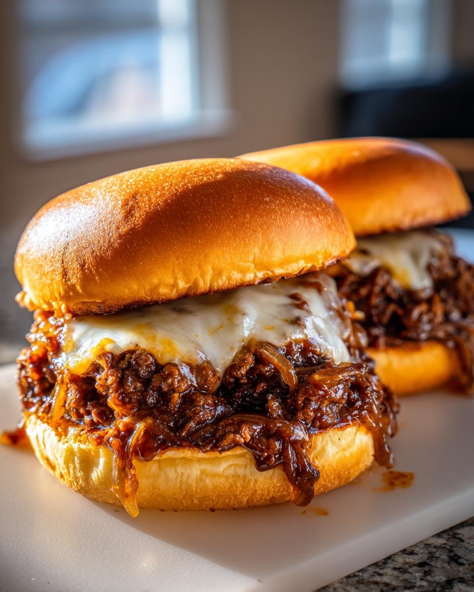Two delicious French Onion Beef Sloppy Joes stacked high with caramelized onions and melted cheese on brioche buns.