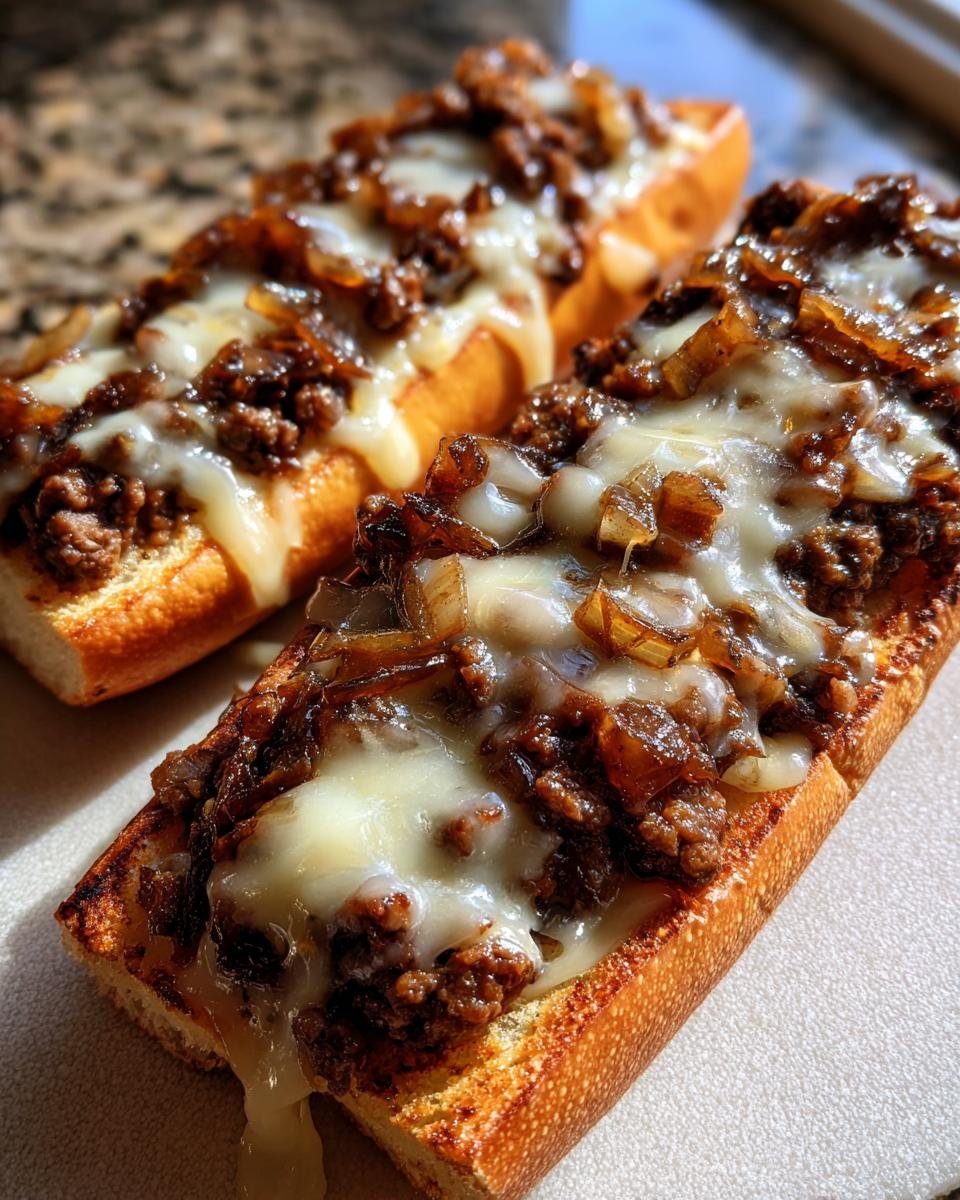 Two open-faced French Onion Beef Sloppy Joes topped with melted white cheese and caramelized onions.