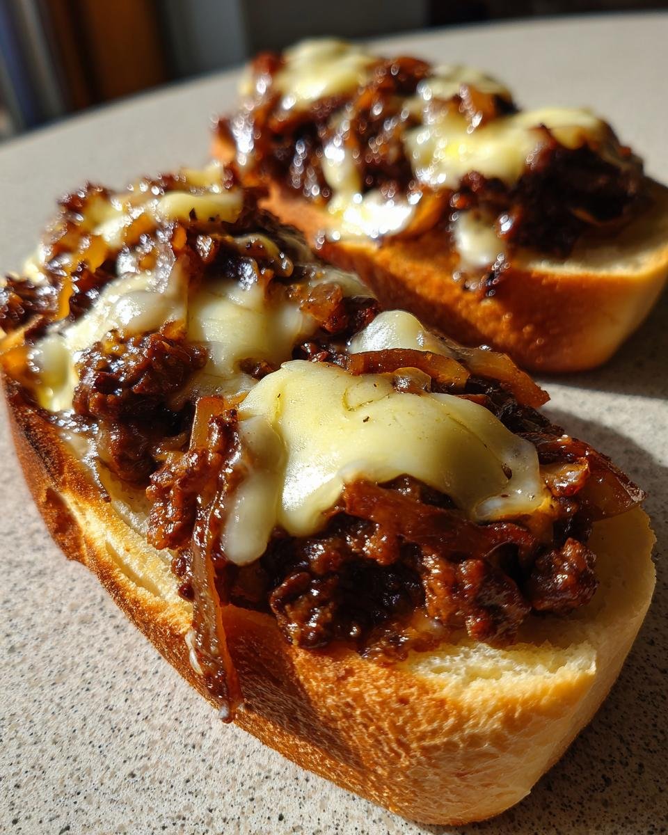 Two open-faced sandwiches topped with rich French Onion Beef Sloppy mixture and melted cheese on toasted bread.