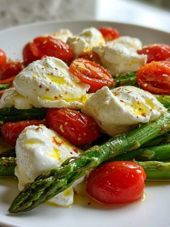 Close-up of Fresh Asparagus Tomato Salad With Burrata, featuring bright green asparagus, halved cherry tomatoes, and creamy white burrata drizzled with olive oil.