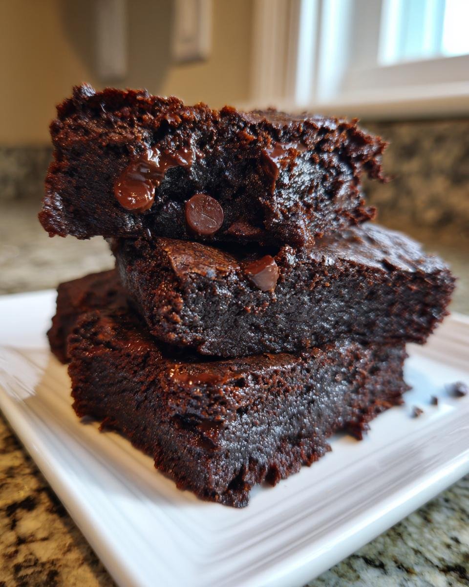 A stack of three rich, dark Fudgy Chewy Browkies topped with visible chocolate chips.