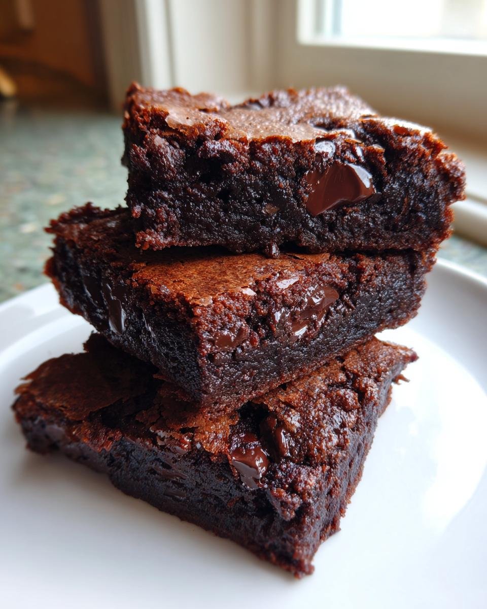 A stack of three rich, dark Fudgy Chewy Browkies showing a dense, moist interior and melted chocolate chips.