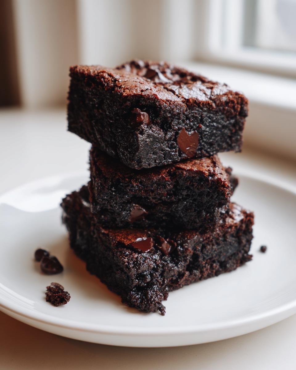 A stack of three rich, dark Fudgy Chewy Browkies loaded with melted chocolate chips on a white plate.