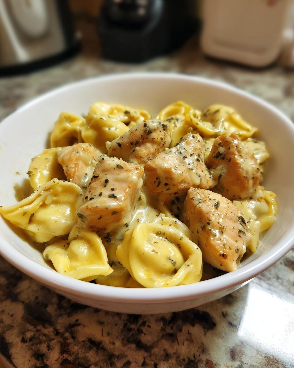 Close-up of a white bowl filled with Garlic Butter Chicken Alfredo Tortellini coated in creamy sauce and herbs.