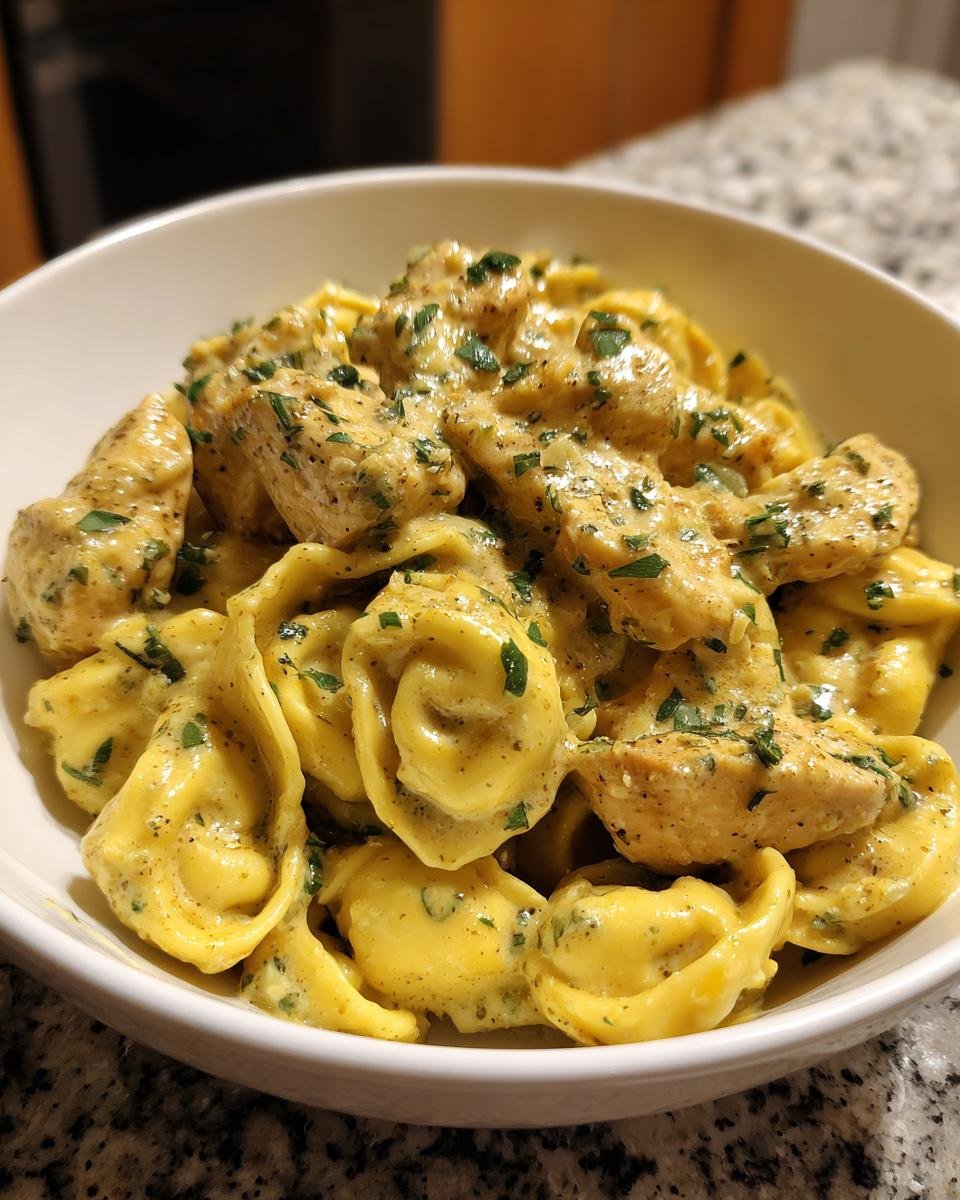 Close-up of Garlic Butter Chicken Alfredo Tortellini coated in a rich, creamy sauce and topped with parsley.