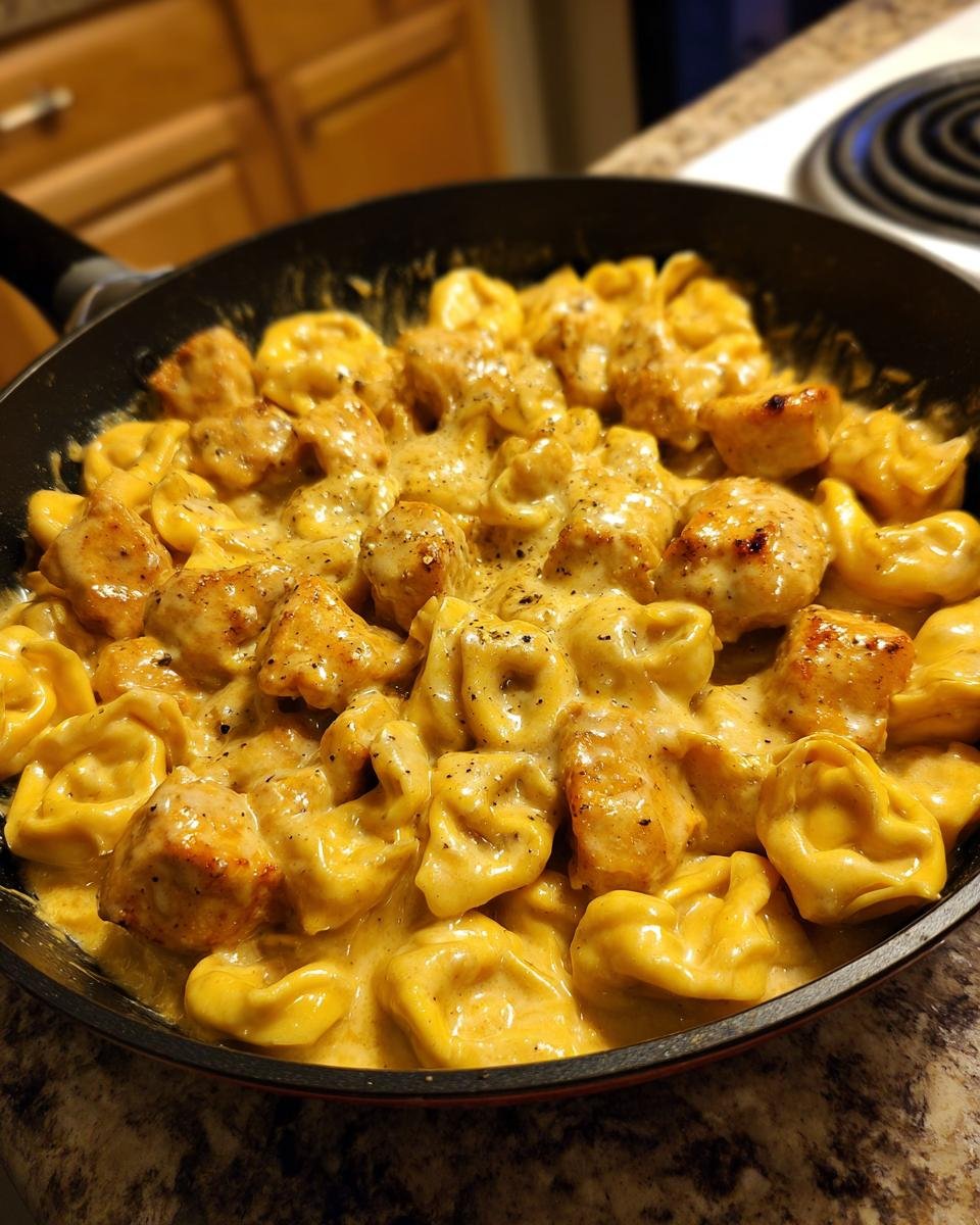 Close-up of Garlic Butter Chicken Alfredo Tortellini coated in creamy sauce in a black skillet.