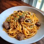 A close-up of a white bowl filled with creamy Garlic Butter Steak Cajun Pasta, topped with seared steak cubes and parsley.