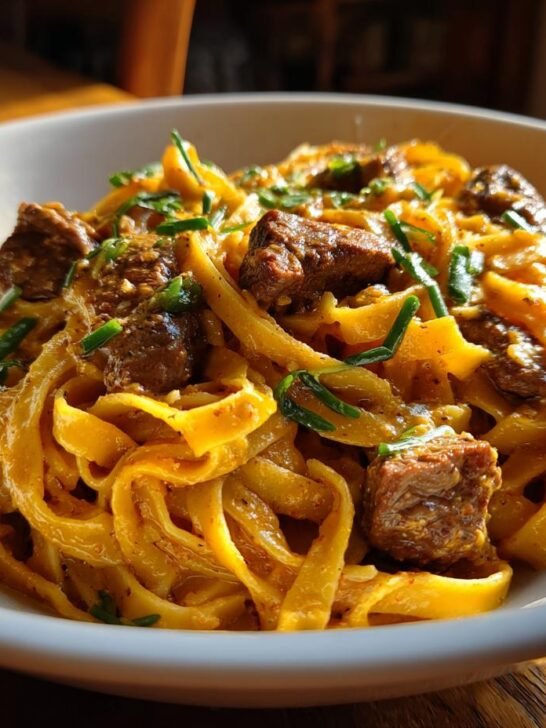 Close-up of creamy Garlic Butter Steak Cajun Pasta with chunks of steak and chives in a white bowl.