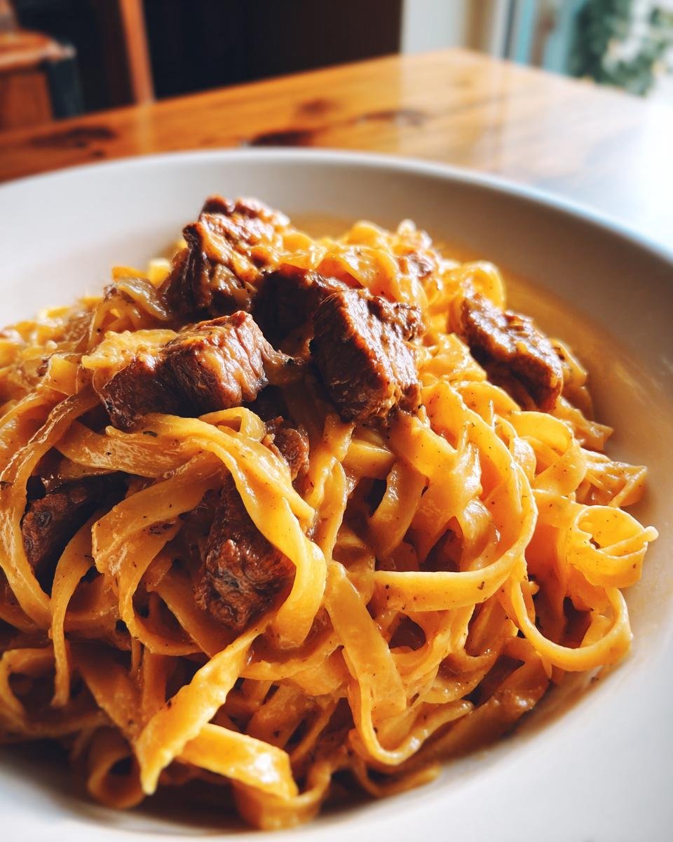 Close-up of creamy Garlic Butter Steak Cajun Pasta featuring thick, saucy fettuccine noodles and chunks of seared steak.