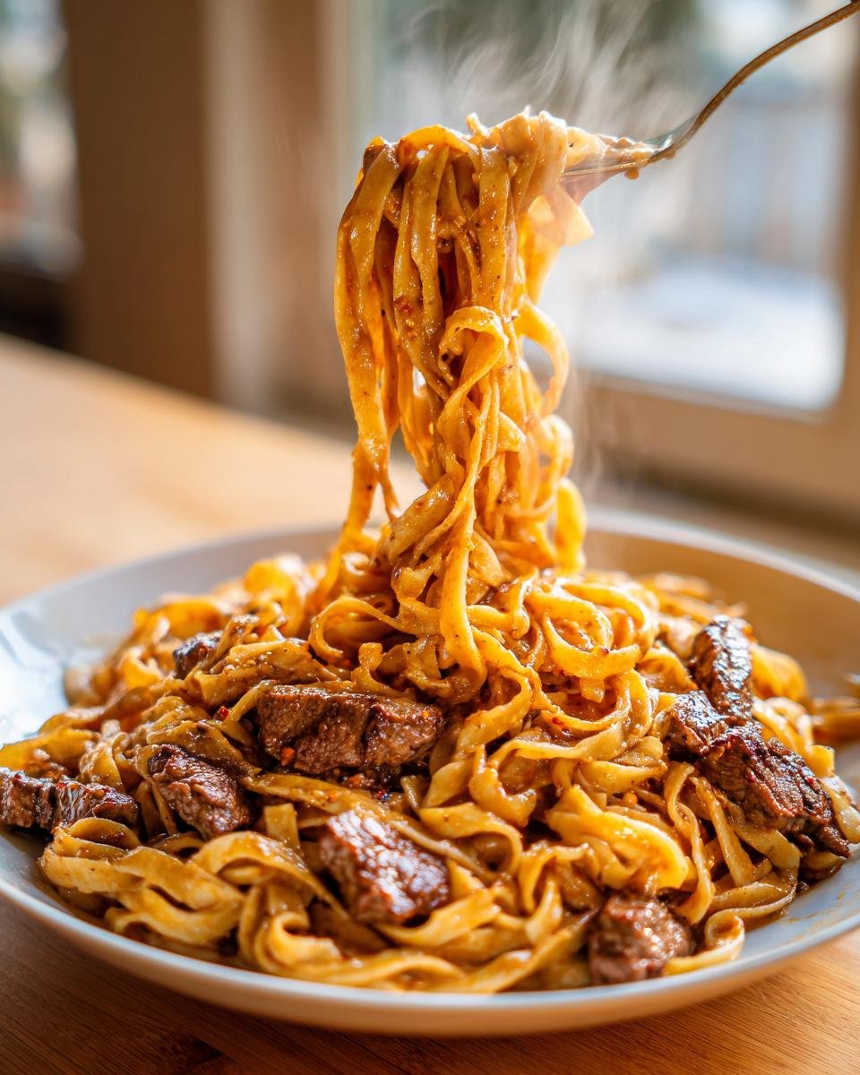 A fork lifting steaming fettuccine noodles coated in sauce and mixed with chunks of steak from a bowl of Garlic Butter Steak Cajun Pasta.