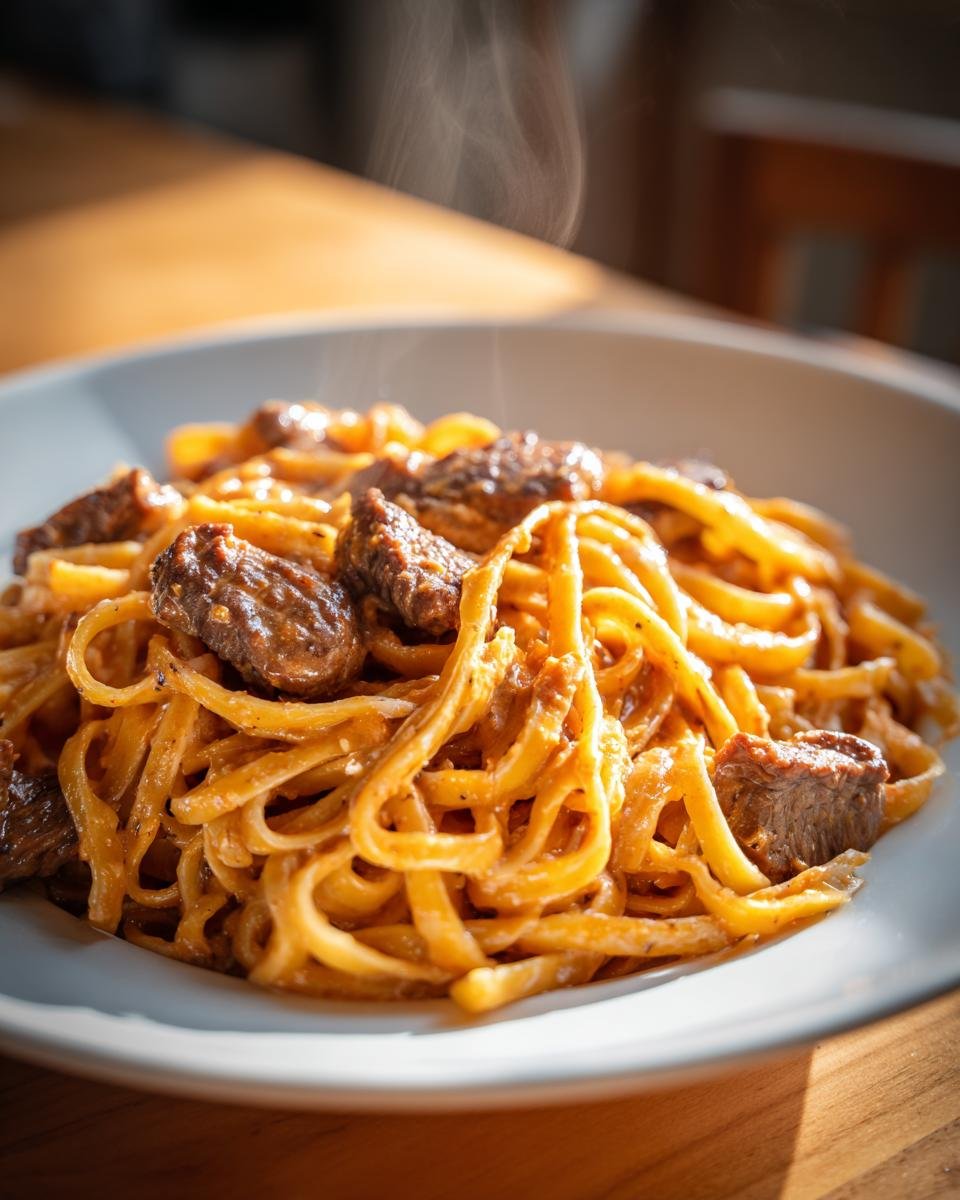 Close-up of steaming Garlic Butter Steak Cajun Pasta with creamy sauce and chunks of steak served in a white bowl.