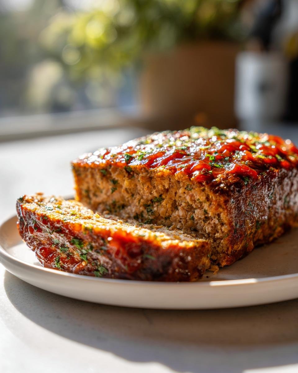A freshly baked Garlic Parmesan Chicken Meatloaf, sliced and sitting on a white plate with a shiny glaze.