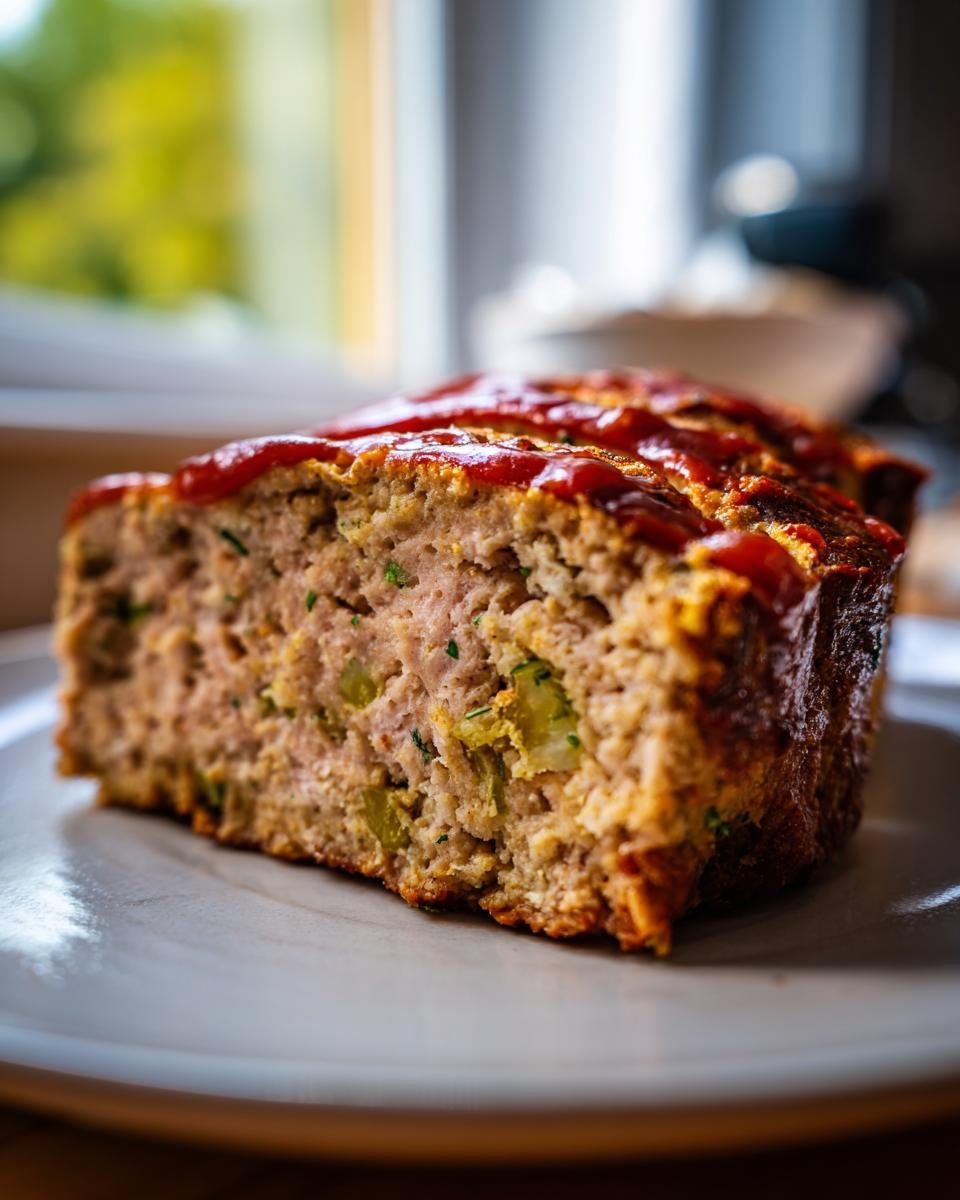 Close-up of a moist slice of Garlic Parmesan Chicken Meatloaf topped with a red glaze, served on a light plate.