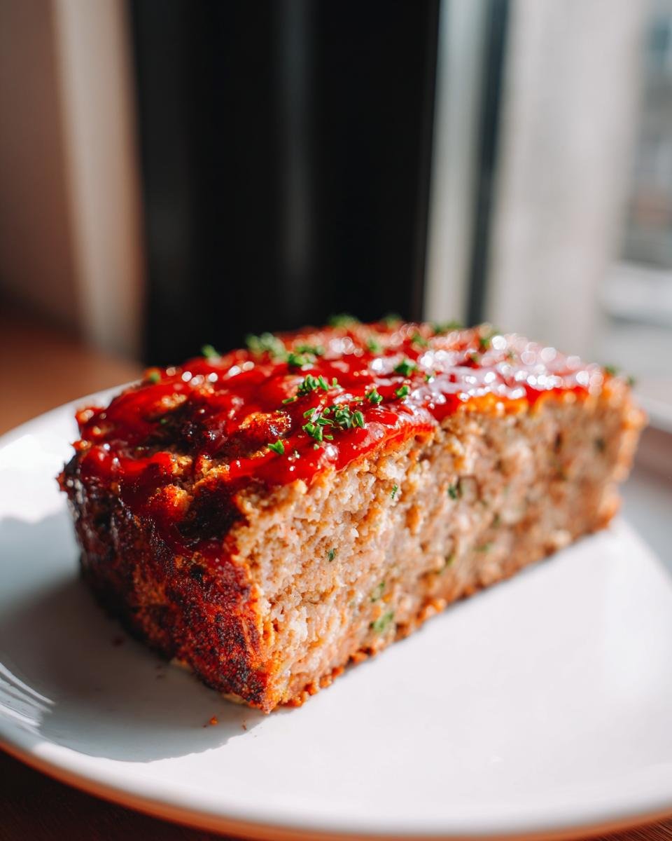A thick slice of Garlic Parmesan Chicken Meatloaf topped with a bright red glaze and chopped herbs.