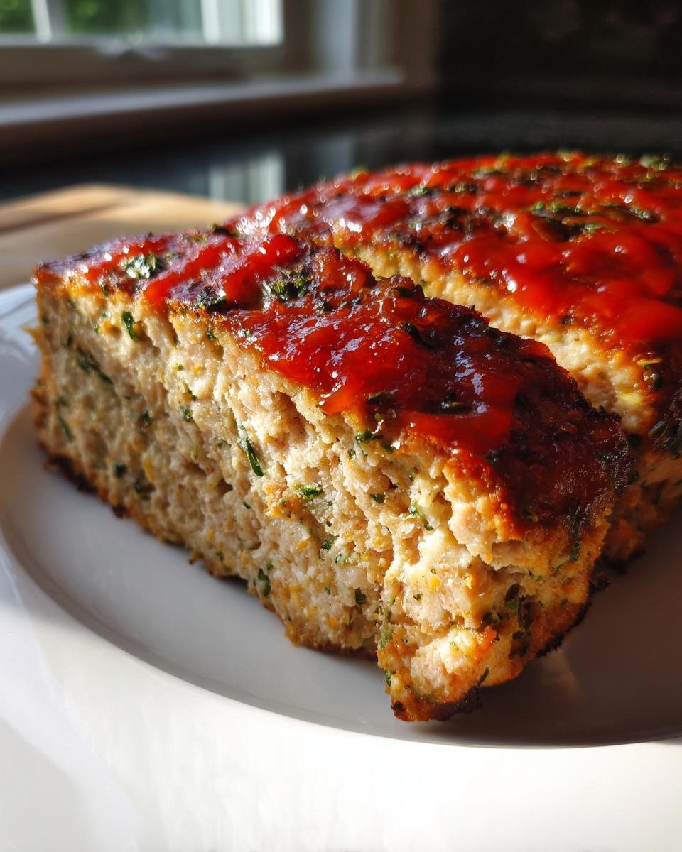 A thick slice of moist Garlic Parmesan Chicken Meatloaf topped with a bright red glaze and sprinkled with herbs.