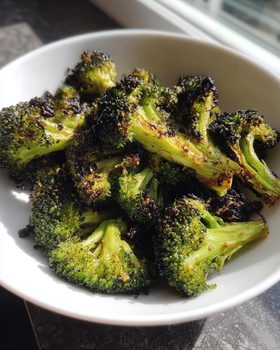 Close-up of bright green, slightly charred Garlic Roasted Vegetarian Broccoli florets piled in a white bowl.