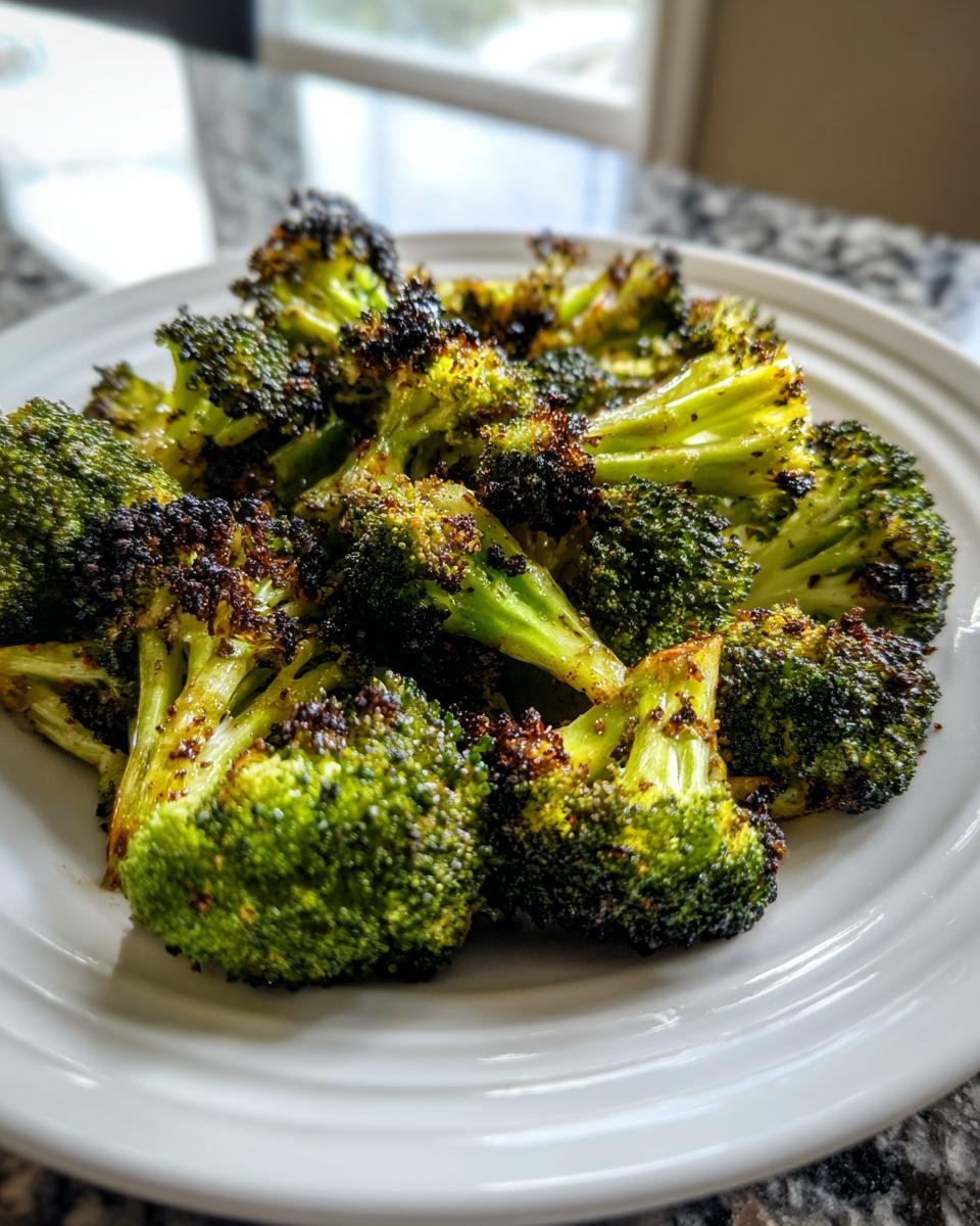 Close-up of perfectly charred Garlic Roasted Vegetarian Broccoli florets served on a white plate.