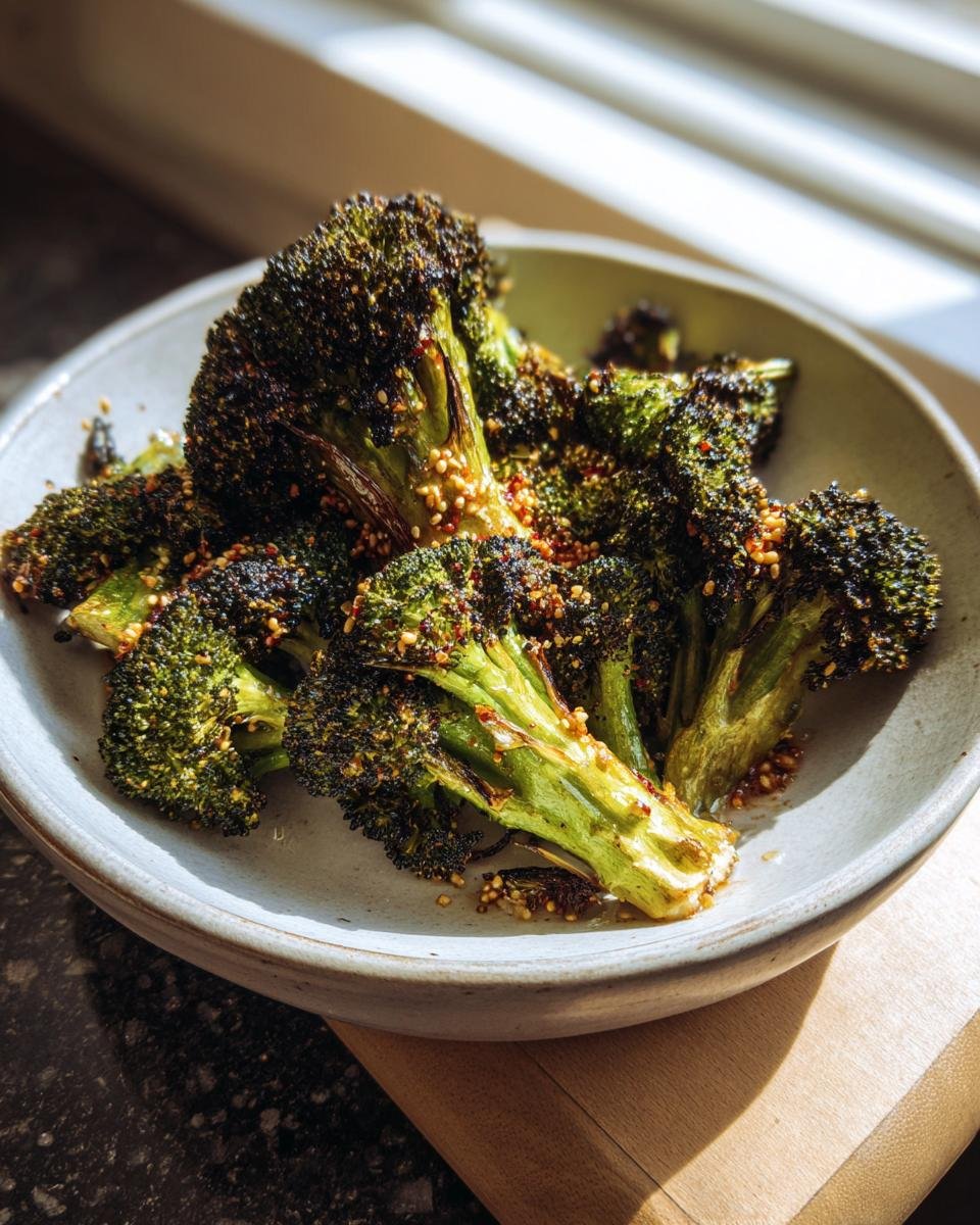 Close-up of perfectly charred Garlic Roasted Vegetarian Broccoli florets sprinkled with sesame seeds in a light gray bowl.