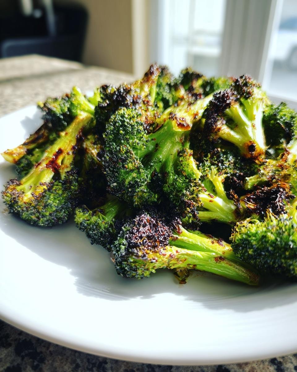 A close-up of perfectly charred Garlic Roasted Vegetarian Broccoli served on a white plate.