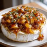 A wheel of Golden Baked Brie With Caramelized Apples And Thyme Bliss topped with glistening caramelized fruit and fresh thyme sprigs.