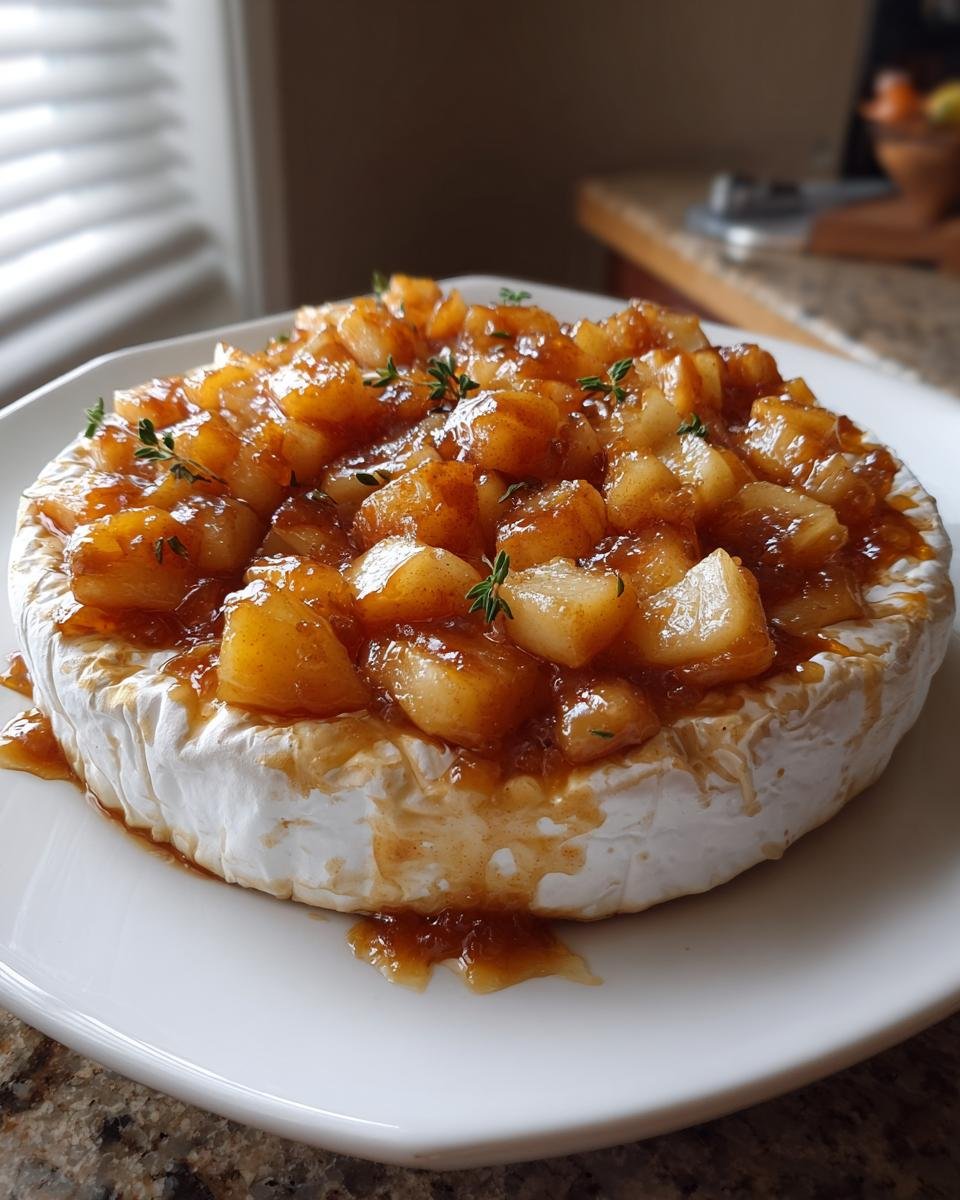 A whole wheel of baked brie topped with caramelized apples and fresh thyme sprigs.