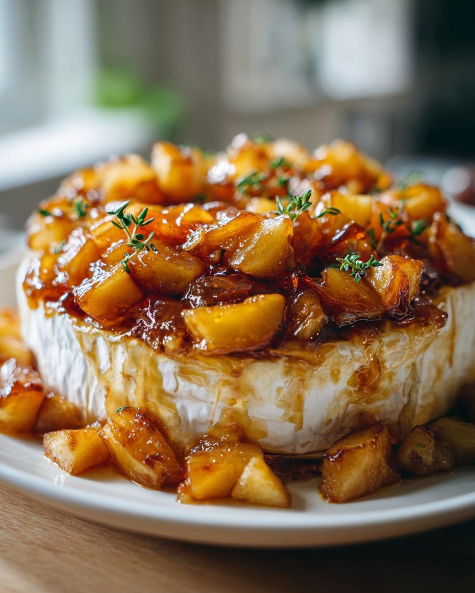 A wheel of baked brie topped with caramelized apples and fresh thyme sprigs, part of the Golden Baked Brie With Caramelized Apples And Thyme Bliss recipe.