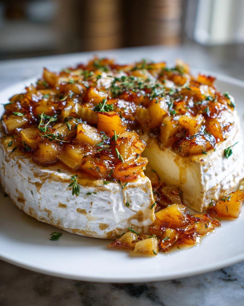 A wheel of baked brie topped with caramelized apples and fresh thyme, with a slice removed.