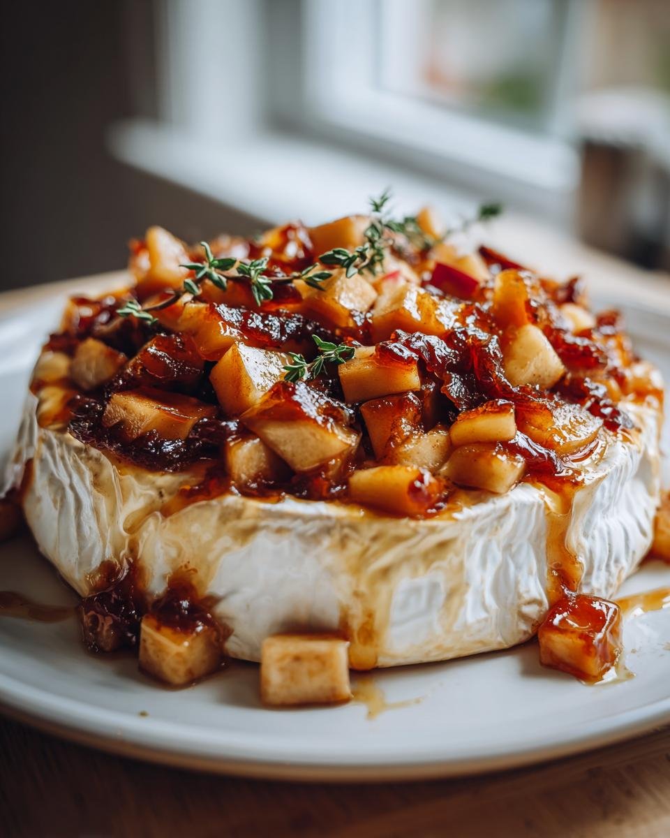 A wheel of baked brie topped with caramelized apples, sauce, and fresh thyme sprigs for Golden Baked Brie With Caramelized Apples And Thyme Bliss.