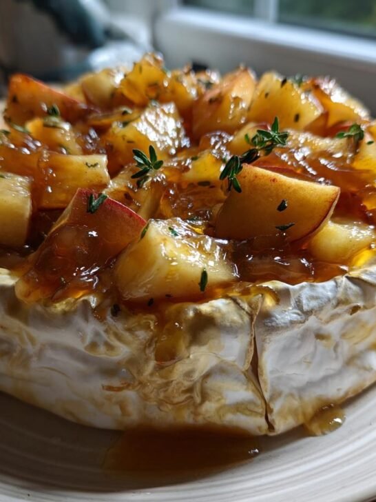 A wheel of Golden Baked Brie With Caramelized Apples And Thyme Bliss, topped with chunky caramelized apples and fresh thyme sprigs.