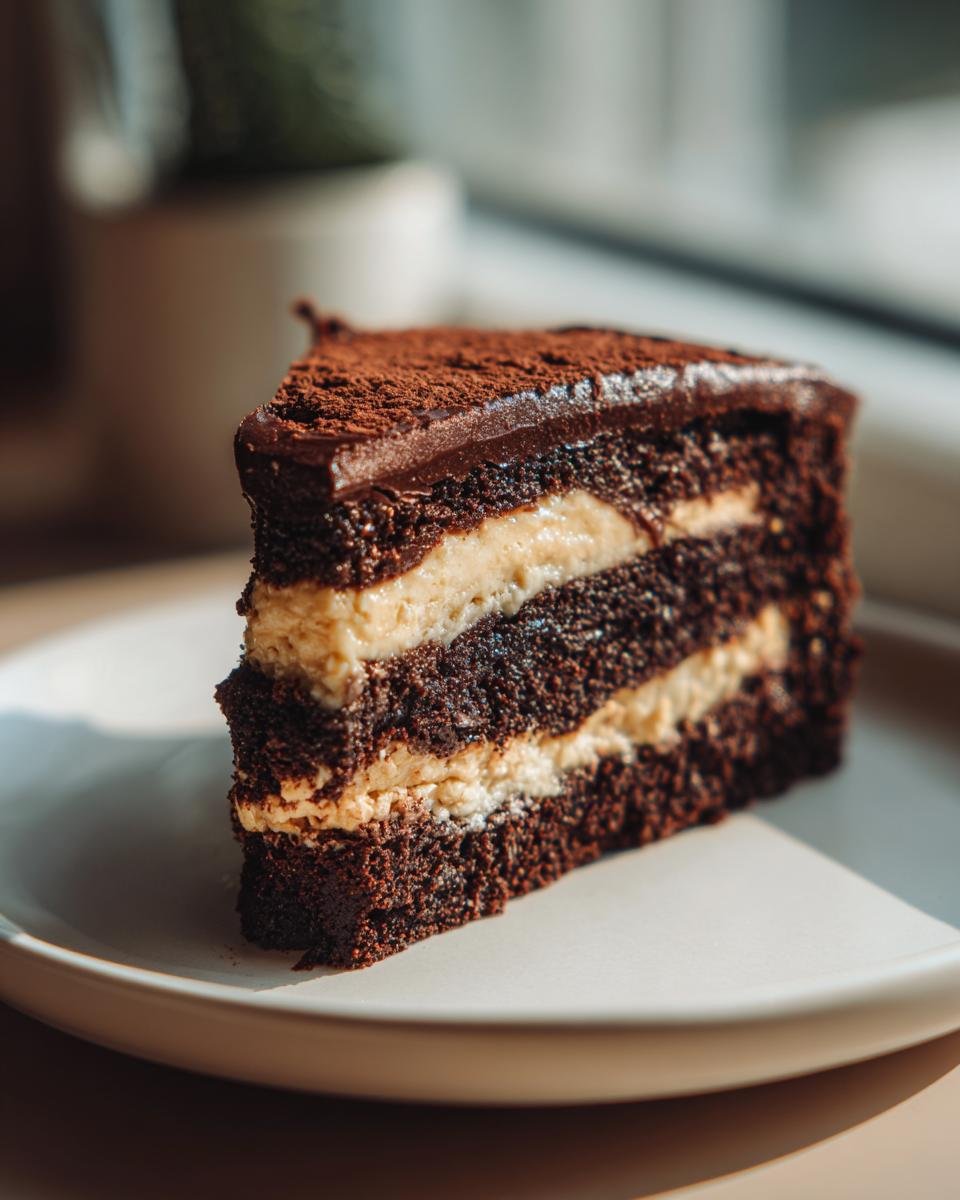 A decadent slice of Gooey Chocolate Peanut Cake showing dark chocolate layers and creamy peanut filling.