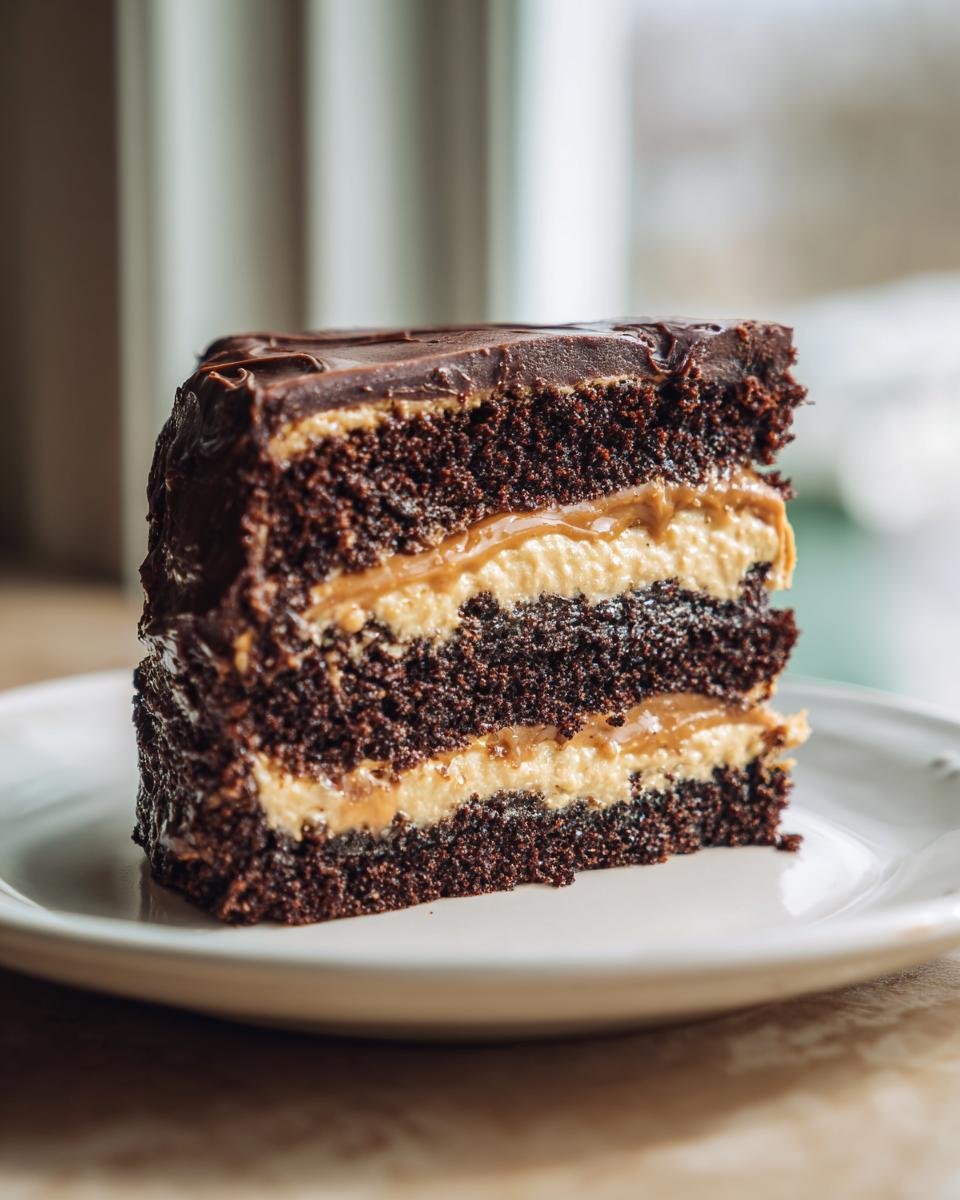 Close-up of a tall slice of Gooey Chocolate Peanut Cake showing three layers of dark chocolate cake and creamy peanut butter filling.