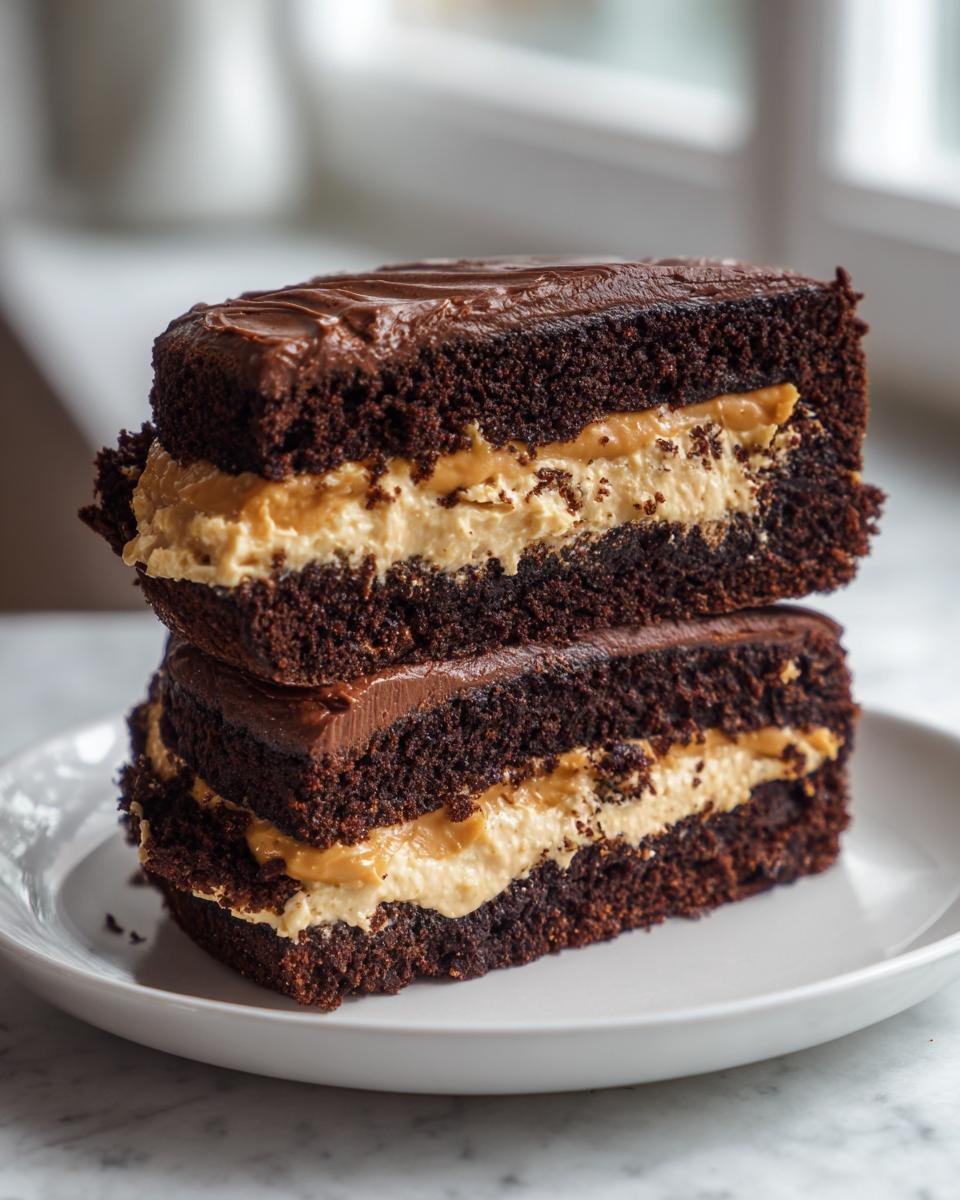 Two stacked slices of Gooey Chocolate Peanut Cake showing rich dark chocolate layers and thick peanut butter filling.