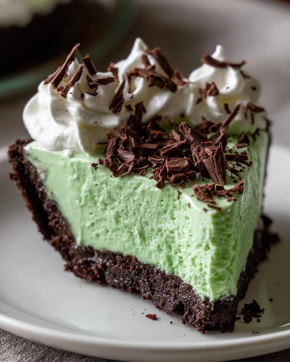Close-up of a rich slice of Grasshopper Pie featuring a thick mint-green filling, dark chocolate crust, and topped with whipped cream and chocolate shavings.