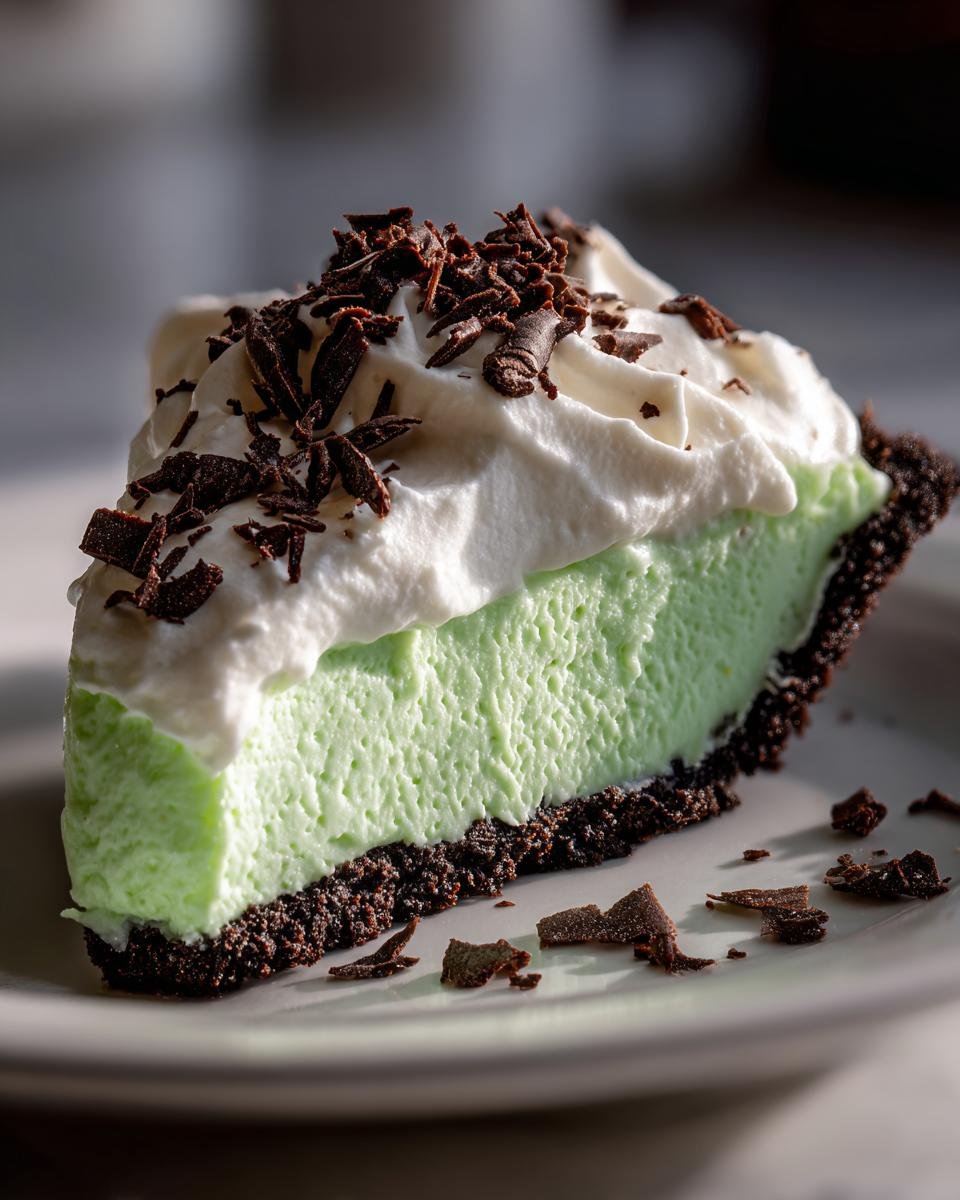 A decadent slice of Grasshopper Pie featuring a bright green filling, dark chocolate crust, and whipped cream topped with chocolate shavings.